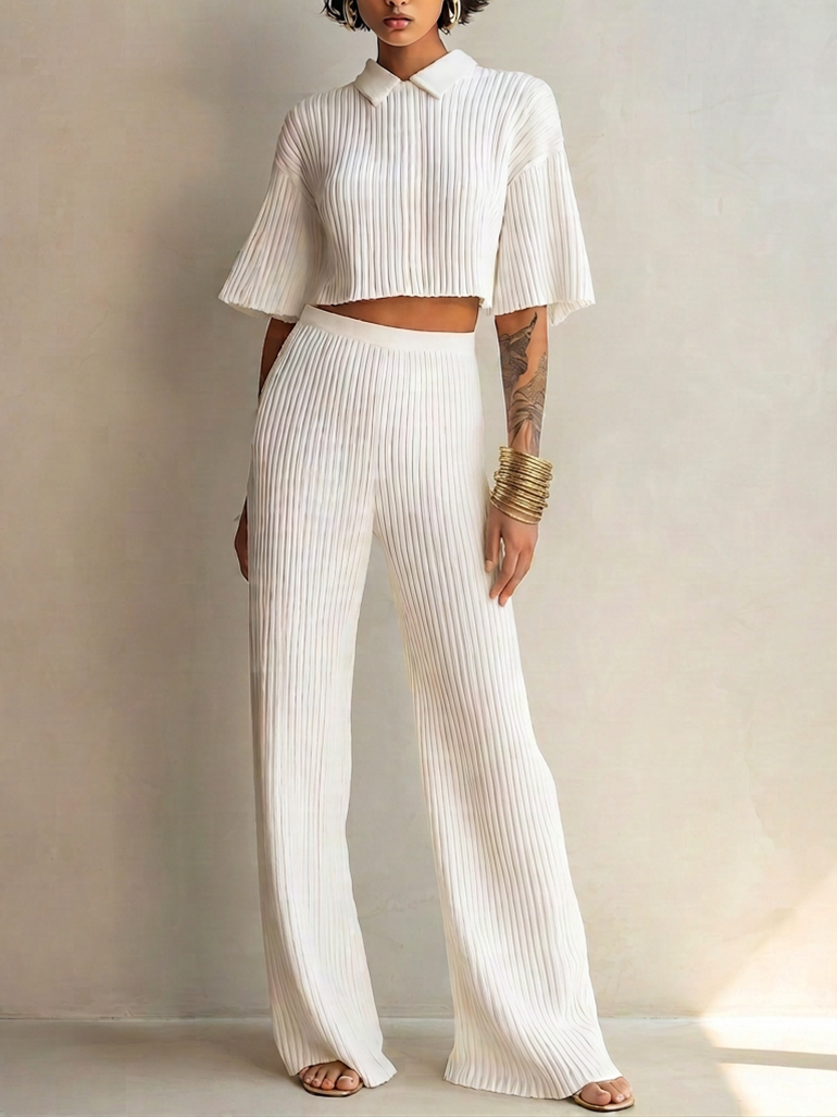 Women's Elegant White Pleated Ribbed Knit Collared Short Flared Sleeve Cropped Top And High-Waist Wide-Leg Pants Two-Piece Set