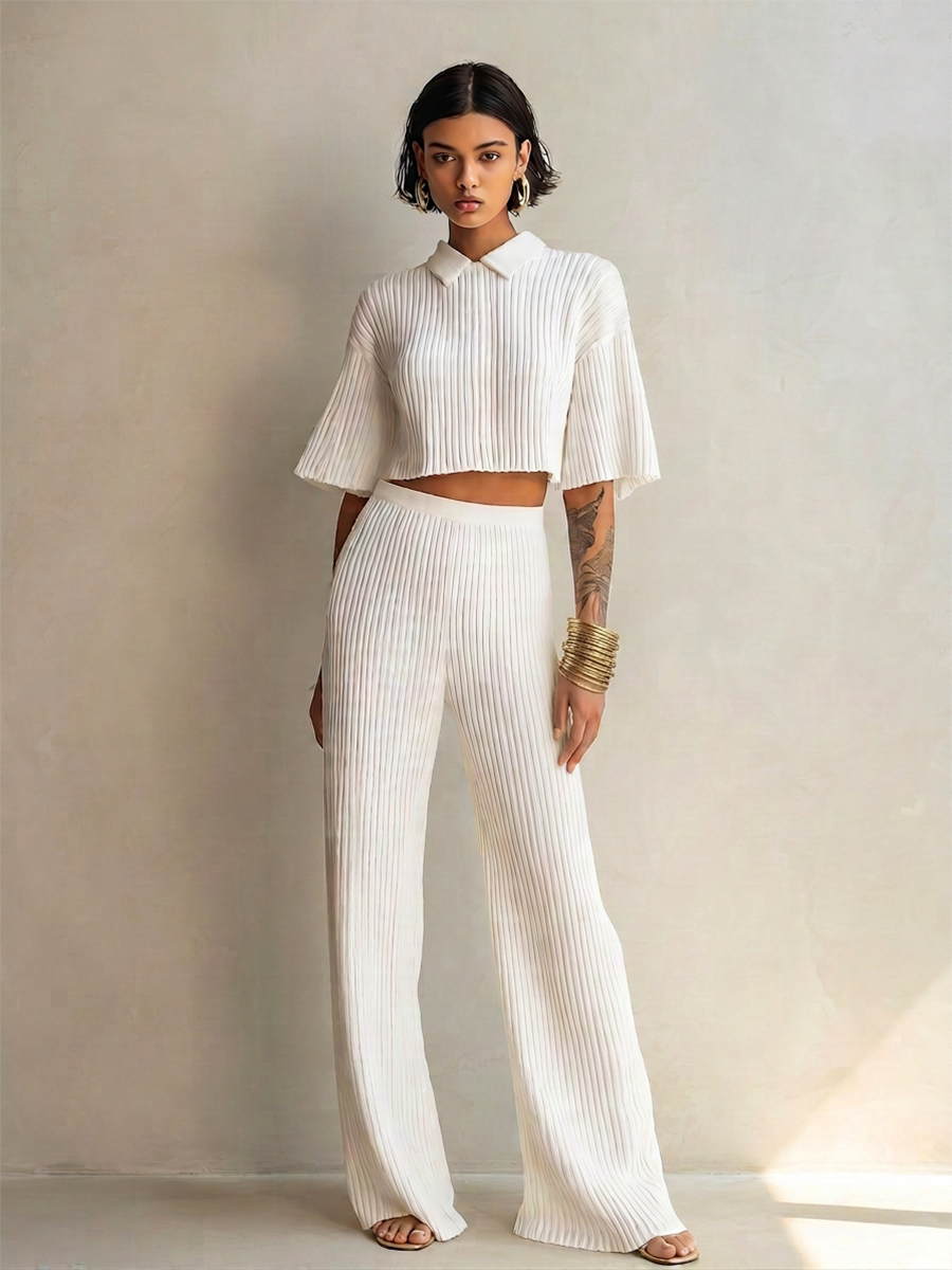 Women's Elegant White Pleated Ribbed Knit Collared Short Flared Sleeve Cropped Top And High-Waist Wide-Leg Pants Two-Piece Set