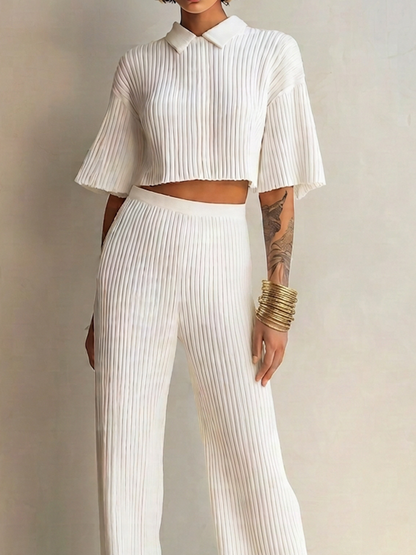Women's Elegant White Pleated Ribbed Knit Collared Short Flared Sleeve Cropped Top And High-Waist Wide-Leg Pants Two-Piece Set