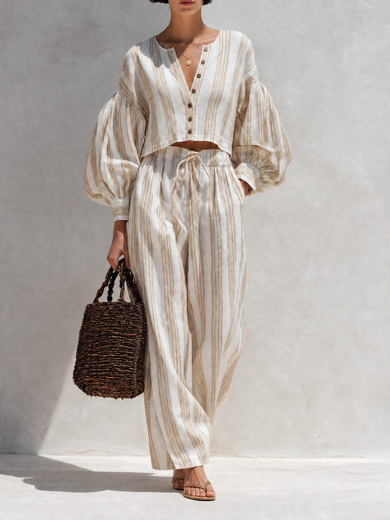 Women's Bohemian Beige Striped Cotton Linen Blend V-Neck Balloon Sleeve Cropped Top And Wide-Leg Pants Two-Piece Set