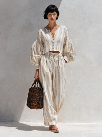 Women's Bohemian Beige Striped Cotton Linen Blend V-Neck Balloon Sleeve Cropped Top And Wide-Leg Pants Two-Piece Set
