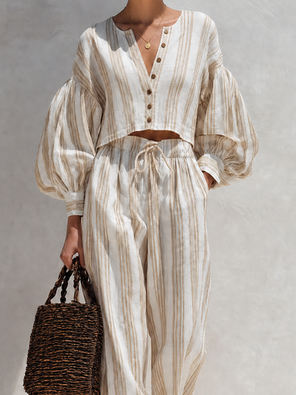 Women's Bohemian Beige Striped Cotton Linen Blend V-Neck Balloon Sleeve Cropped Top And Wide-Leg Pants Two-Piece Set