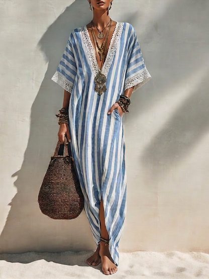 Women's Bohemian Blue And White Striped Cotton Blend V-Neck Crochet Trim Short Sleeve Side Slit Kaftan Maxi Dress