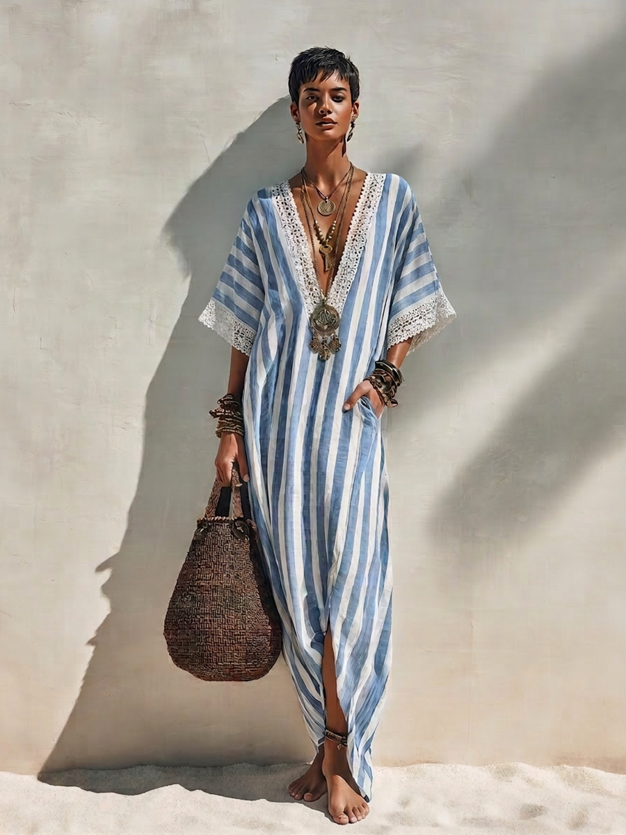 Women's Bohemian Blue And White Striped Cotton Blend V-Neck Crochet Trim Short Sleeve Side Slit Kaftan Maxi Dress