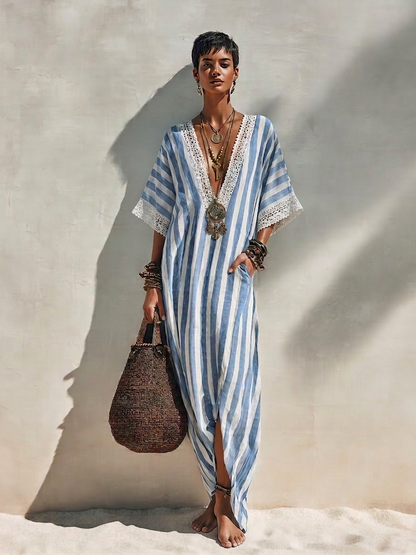 Women's Bohemian Blue And White Striped Cotton Blend V-Neck Crochet Trim Short Sleeve Side Slit Kaftan Maxi Dress