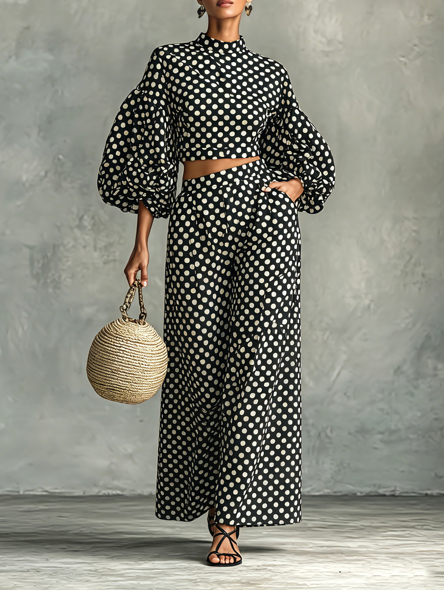 Women's Minimalist Polka-Dot Lantern-Sleeve Blouse And Wide-Leg Pants Set