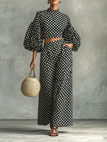Women's Minimalist Polka-Dot Lantern-Sleeve Blouse And Wide-Leg Pants Set