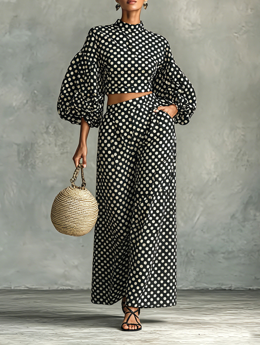 Women's Minimalist Polka-Dot Lantern-Sleeve Blouse And Wide-Leg Pants Set
