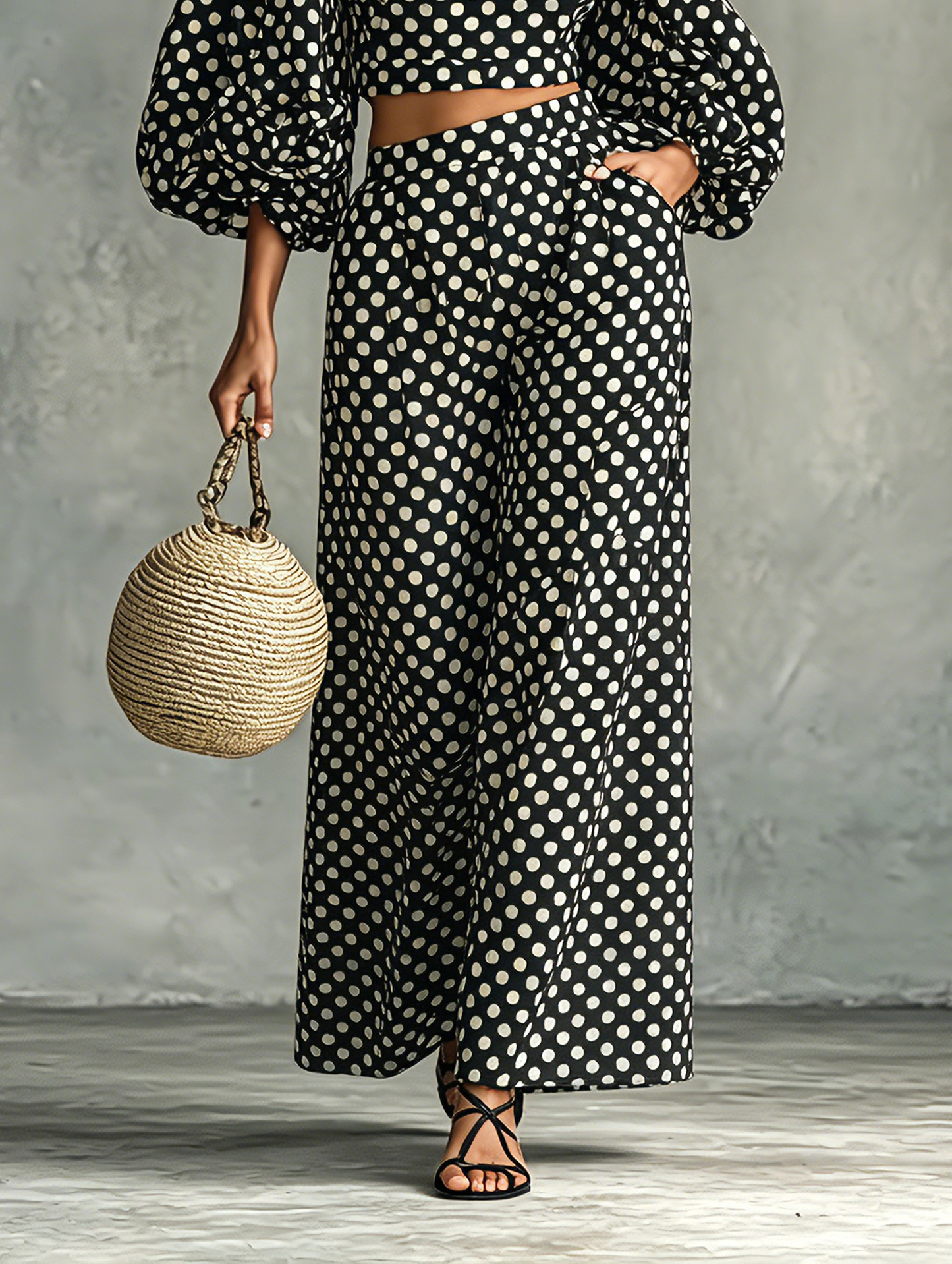 Women's Minimalist Polka-Dot Lantern-Sleeve Blouse And Wide-Leg Pants Set