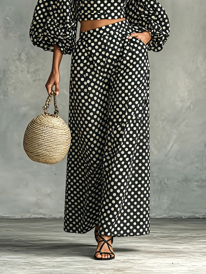 Women's Minimalist Polka-Dot Lantern-Sleeve Blouse And Wide-Leg Pants Set