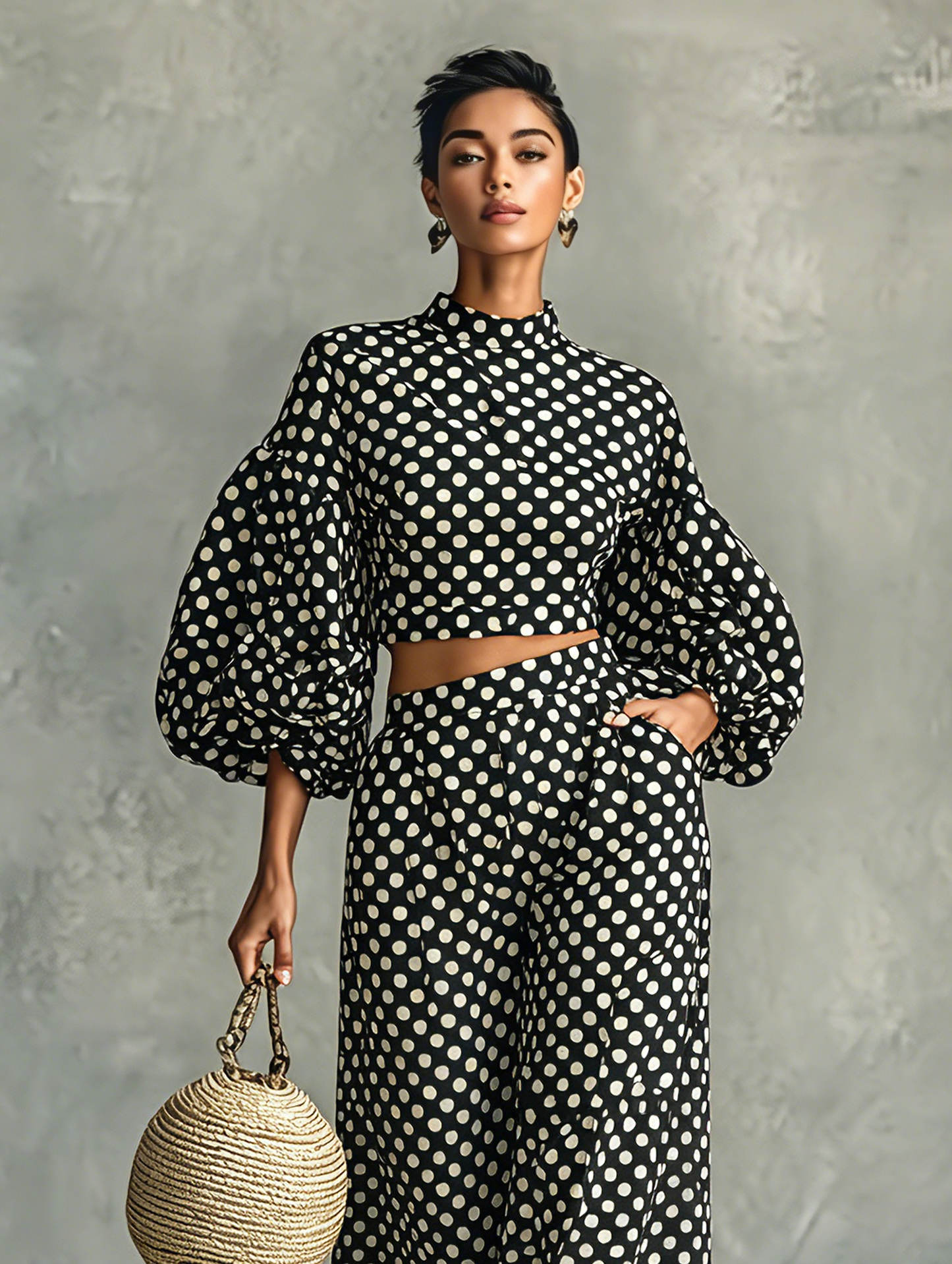 Women's Minimalist Polka-Dot Lantern-Sleeve Blouse And Wide-Leg Pants Set