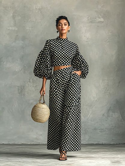 Women's Minimalist Polka-Dot Lantern-Sleeve Blouse And Wide-Leg Pants Set