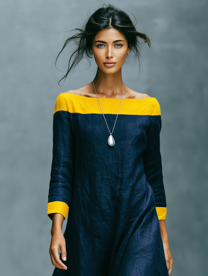 Women's Minimalist Color-Block Linen-Blend Maxi Dress With Crew Neck And Three-Quarter Sleeves