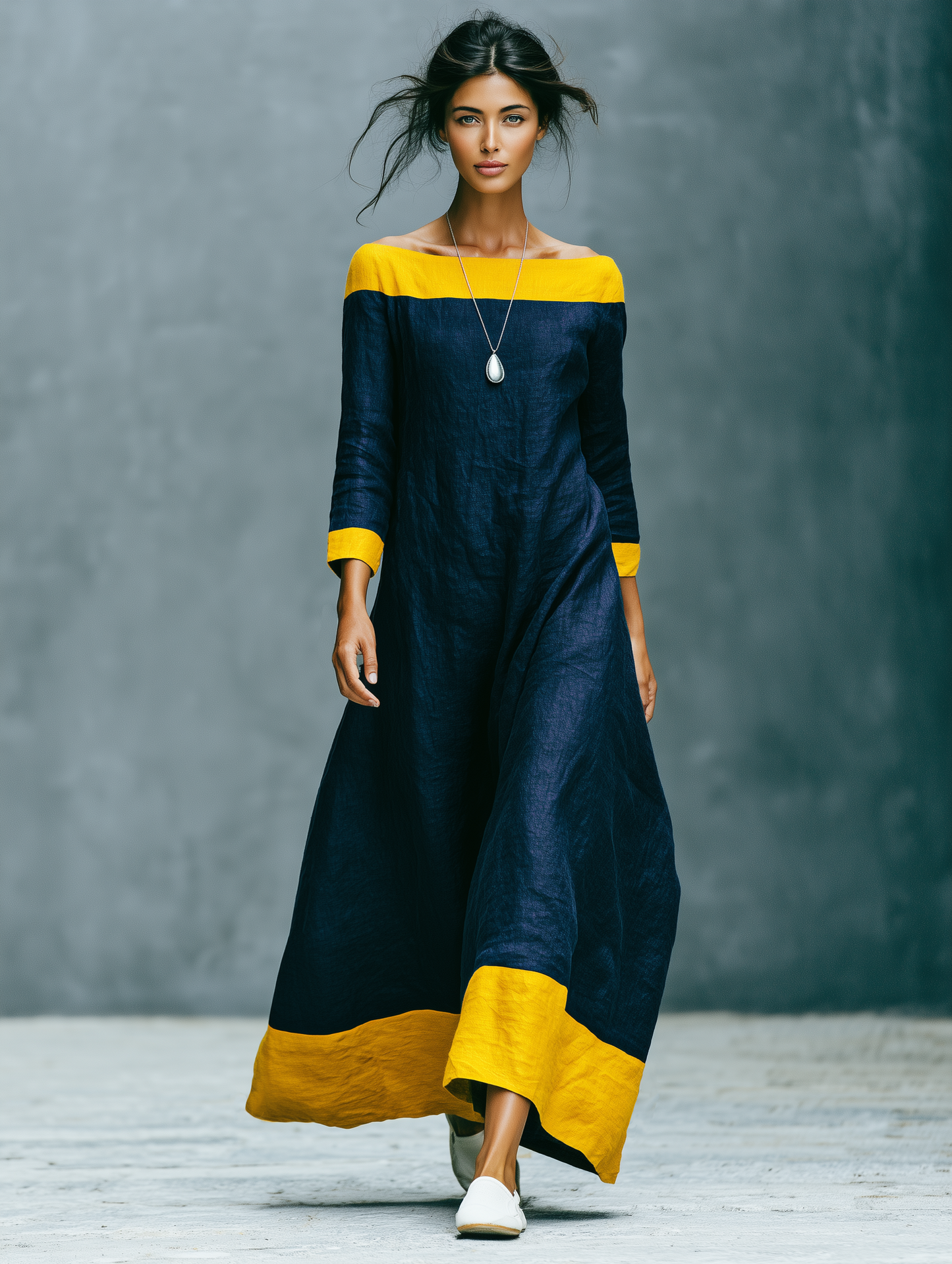 Women's Minimalist Color-Block Linen-Blend Maxi Dress With Crew Neck And Three-Quarter Sleeves