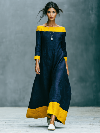 Women's Minimalist Color-Block Linen-Blend Maxi Dress With Crew Neck And Three-Quarter Sleeves