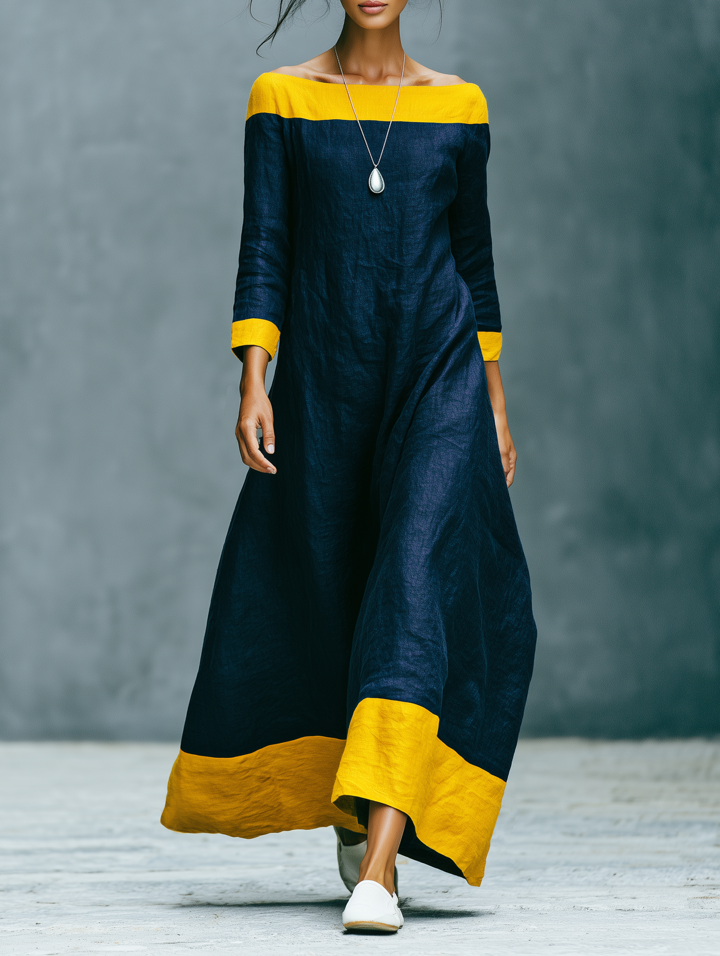 Women's Minimalist Color-Block Linen-Blend Maxi Dress With Crew Neck And Three-Quarter Sleeves