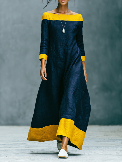 Women's Minimalist Color-Block Linen-Blend Maxi Dress With Crew Neck And Three-Quarter Sleeves