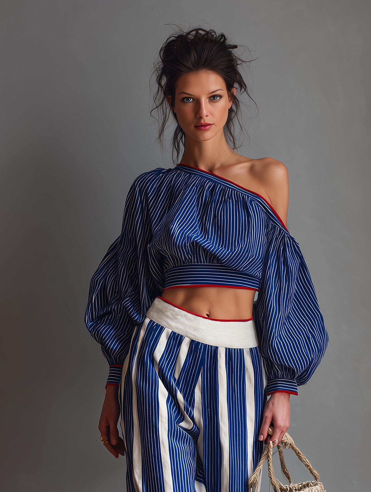 Women's Casual Striped Long-Sleeve Blouse And Straight-Leg Pants Set