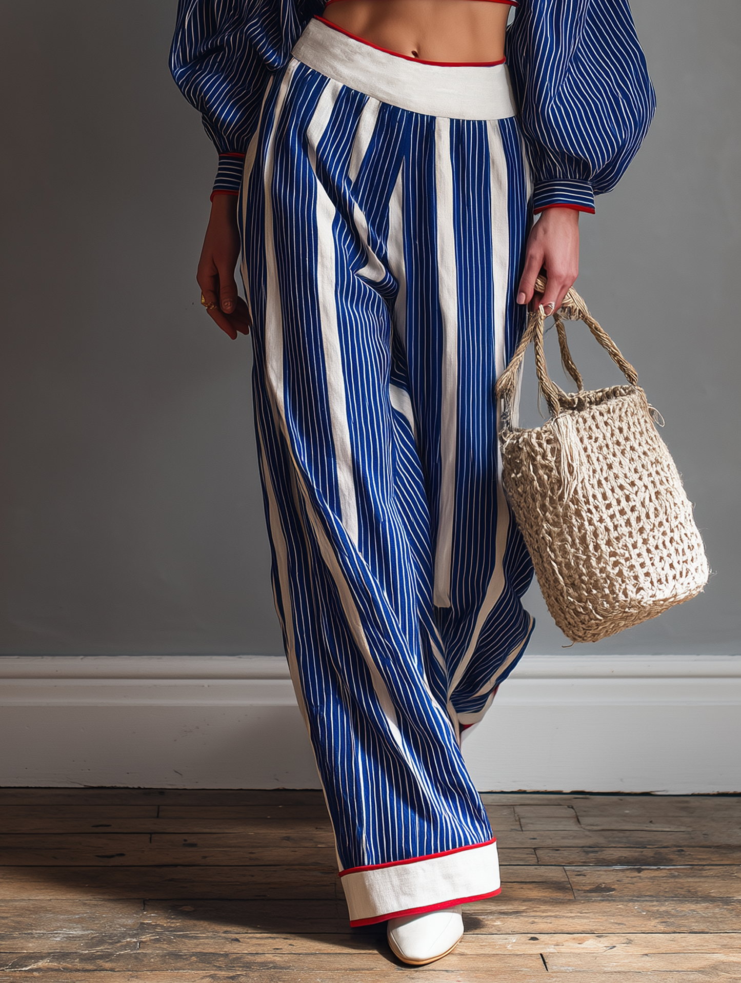 Women's Casual Striped Long-Sleeve Blouse And Straight-Leg Pants Set
