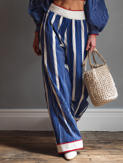 Women's Casual Striped Long-Sleeve Blouse And Straight-Leg Pants Set