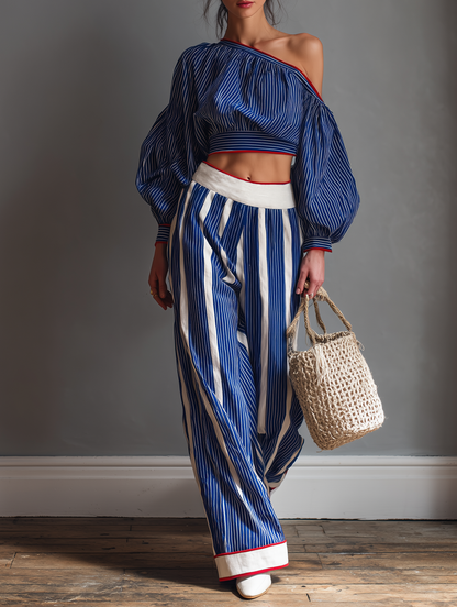 Women's Casual Striped Long-Sleeve Blouse And Straight-Leg Pants Set