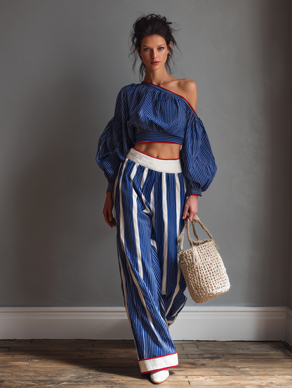 Women's Casual Striped Long-Sleeve Blouse And Straight-Leg Pants Set