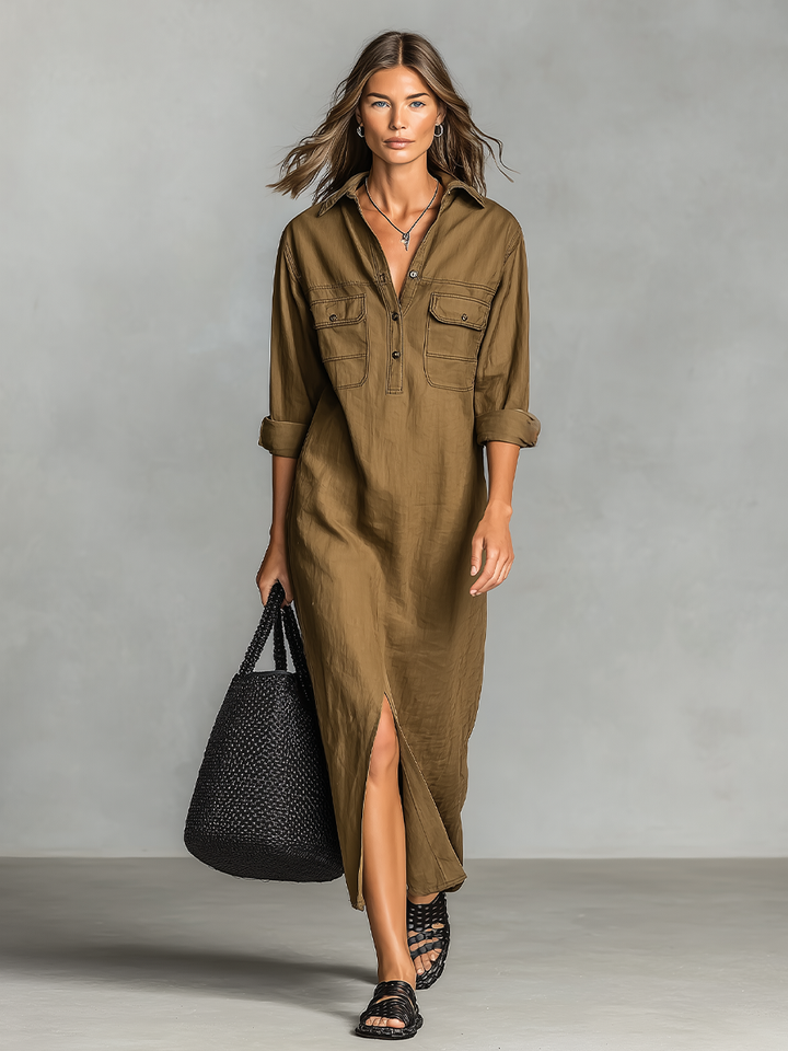 Women's Brown Cotton Blend Shirt Maxi Dress With Dual Chest Patch Pockets & Front Thigh Slit, Casual Utility Resort Loose Shirt Maxi Dress