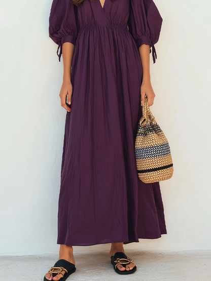 Women's Dark Purple Crinkled Woven Maxi Dress With V Neck Tie Cuff Puff Sleeves & Smocked Elastic Waist, Boho Casual Resort Flowy Maxi Dress