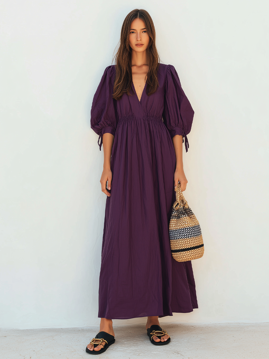 Women's Dark Purple Crinkled Woven Maxi Dress With V Neck Tie Cuff Puff Sleeves & Smocked Elastic Waist, Boho Casual Resort Flowy Maxi Dress