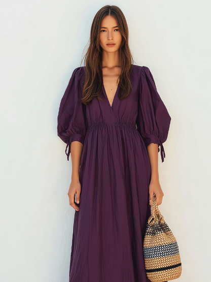 Women's Dark Purple Crinkled Woven Maxi Dress With V Neck Tie Cuff Puff Sleeves & Smocked Elastic Waist, Boho Casual Resort Flowy Maxi Dress