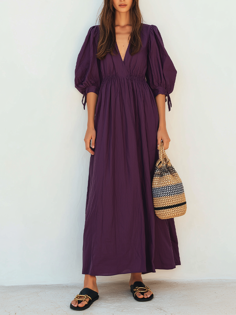 Women's Dark Purple Crinkled Woven Maxi Dress With V Neck Tie Cuff Puff Sleeves & Smocked Elastic Waist, Boho Casual Resort Flowy Maxi Dress