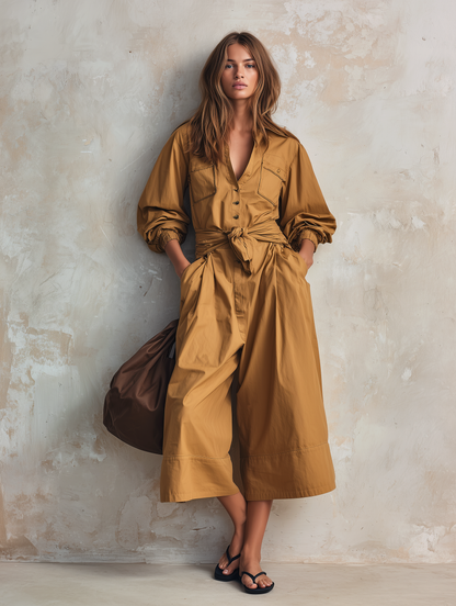 Women's Casual Khaki Woven Long-sleeve Cropped Jumpsuit