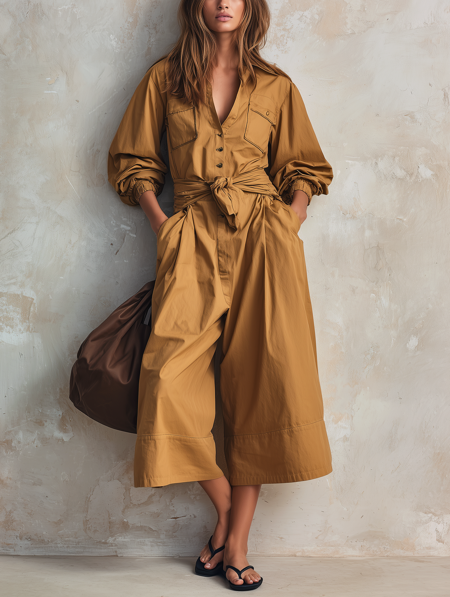 Women's Casual Khaki Woven Long-sleeve Cropped Jumpsuit