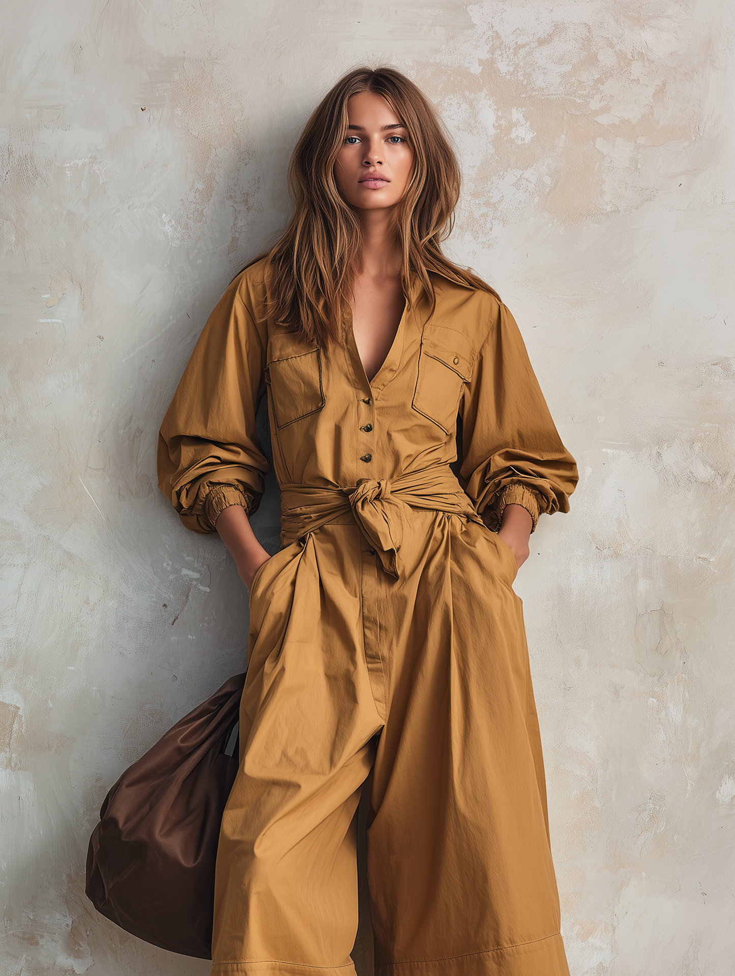 Women's Casual Khaki Woven Long-sleeve Cropped Jumpsuit