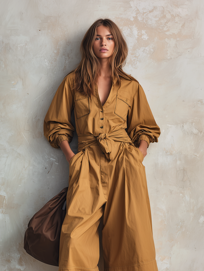 Women's Casual Khaki Woven Long-sleeve Cropped Jumpsuit