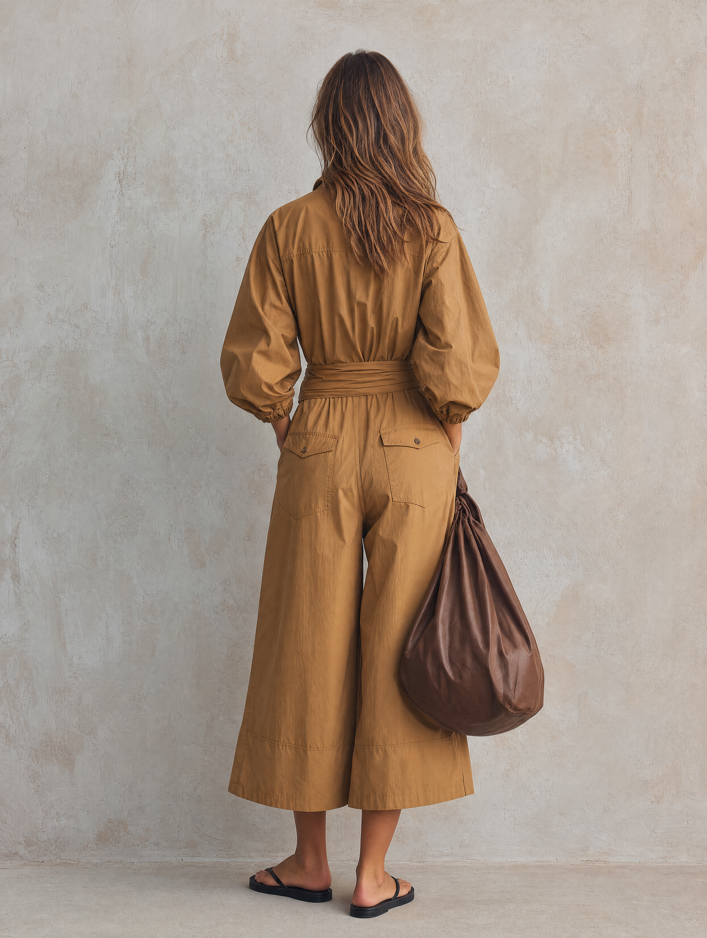 Women's Casual Khaki Woven Long-sleeve Cropped Jumpsuit
