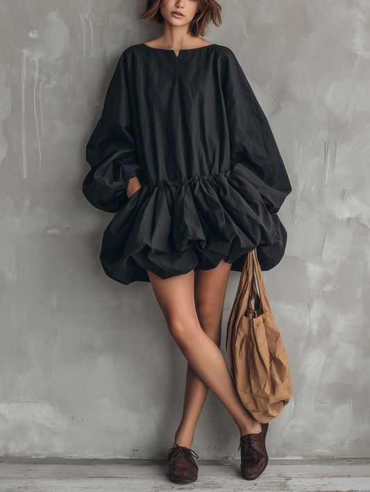 Women's Casual Black Long-sleeve Mini Dress With A Round Neck And Tulip Skirt