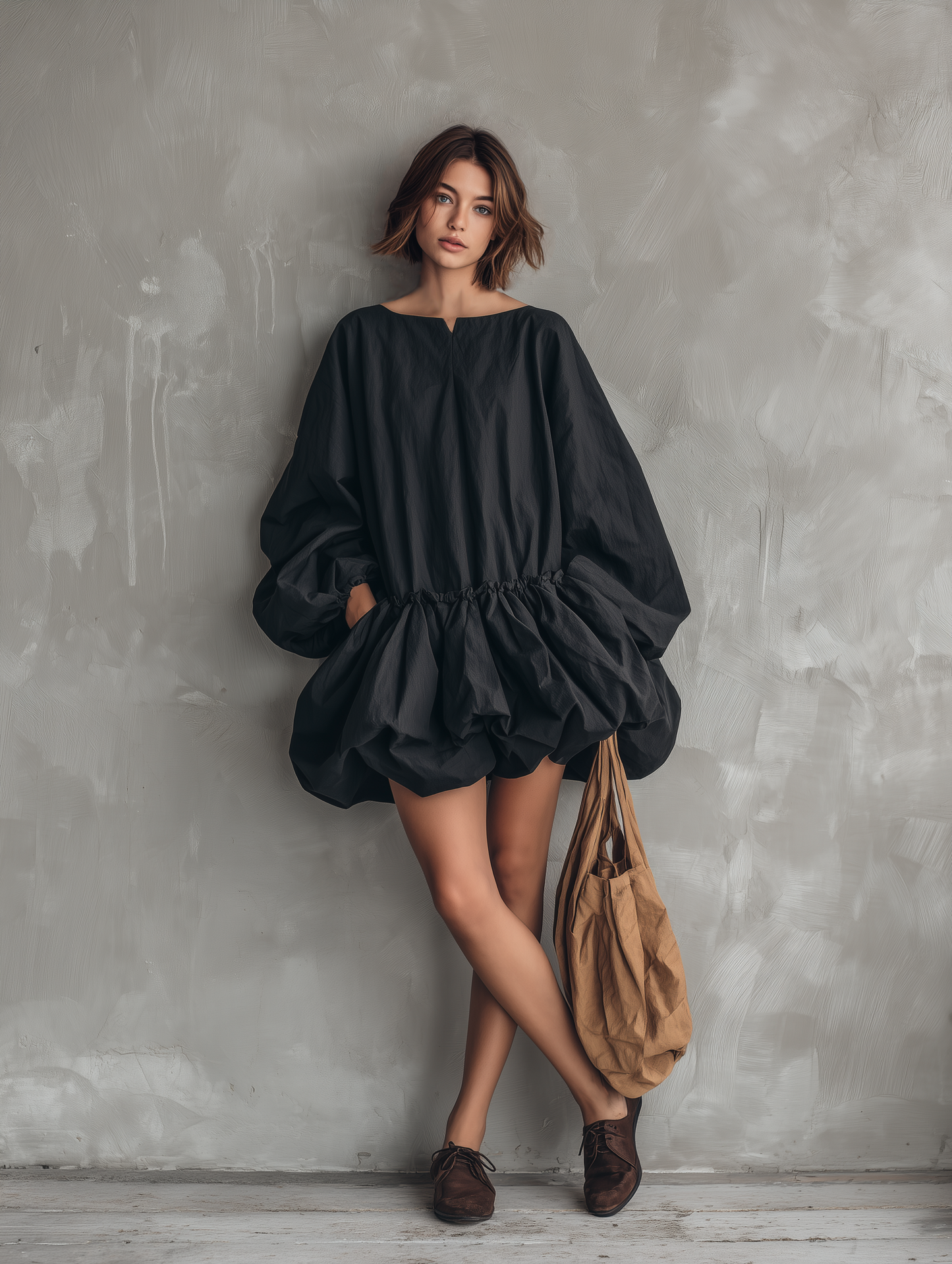 Women's Casual Black Long-sleeve Mini Dress With A Round Neck And Tulip Skirt