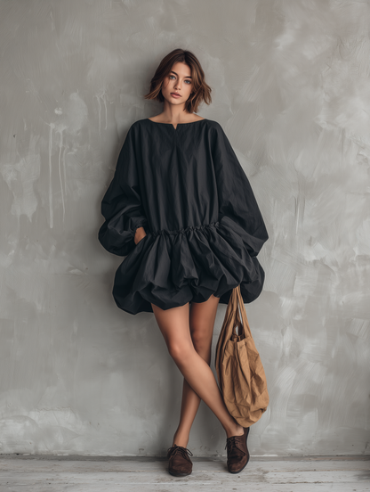 Women's Casual Black Long-sleeve Mini Dress With A Round Neck And Tulip Skirt