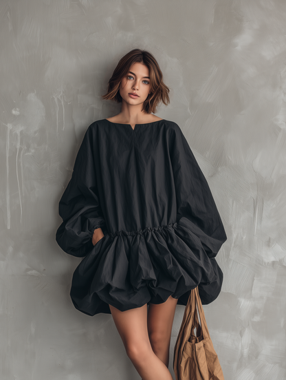 Women's Casual Black Long-sleeve Mini Dress With A Round Neck And Tulip Skirt