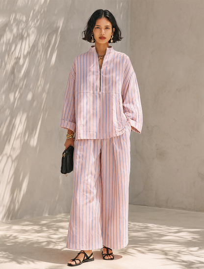 Women's Minimalist Cotton-Linen Blend Half-Zip Long-Sleeve Top & Wide-Leg Pants Set