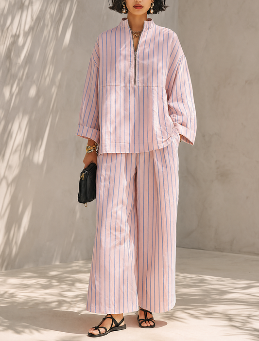 Women's Minimalist Cotton-Linen Blend Half-Zip Long-Sleeve Top & Wide-Leg Pants Set
