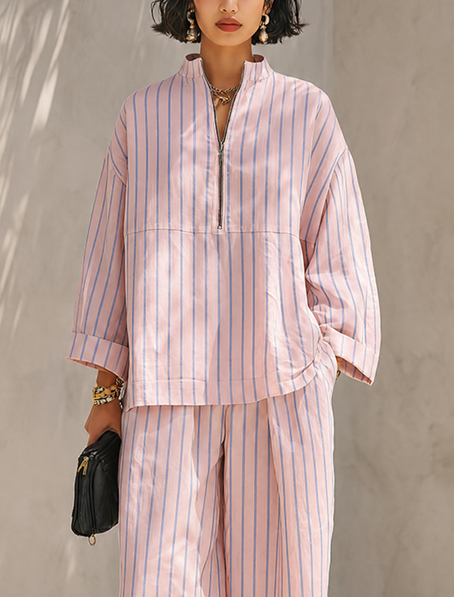 Women's Minimalist Cotton-Linen Blend Half-Zip Long-Sleeve Top & Wide-Leg Pants Set