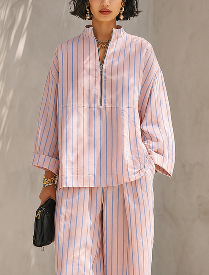 Women's Minimalist Cotton-Linen Blend Half-Zip Long-Sleeve Top & Wide-Leg Pants Set