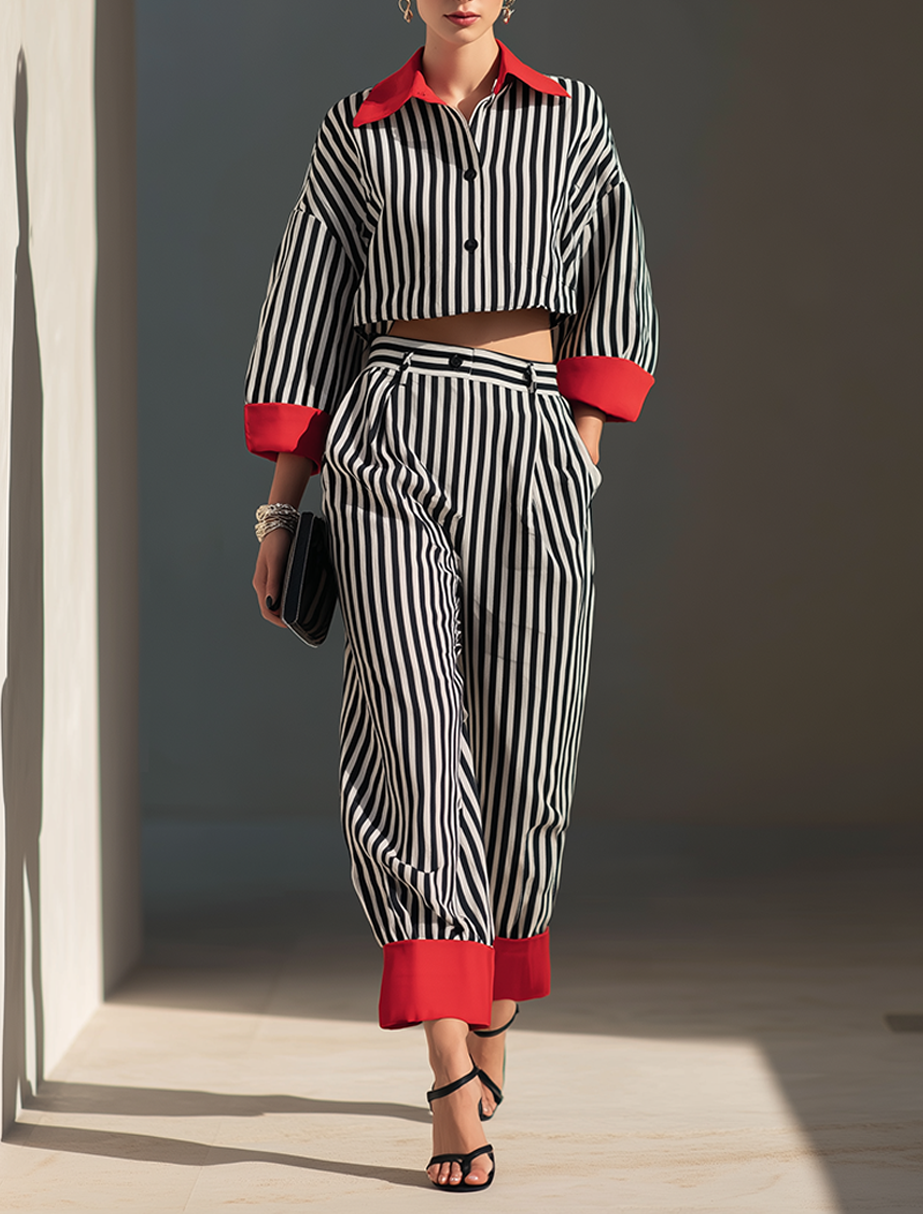 Women's Minimalist Cotton-Linen Blend Color-Block Collar Cropped Shirt & Cuffed Wide-Leg Pants Set