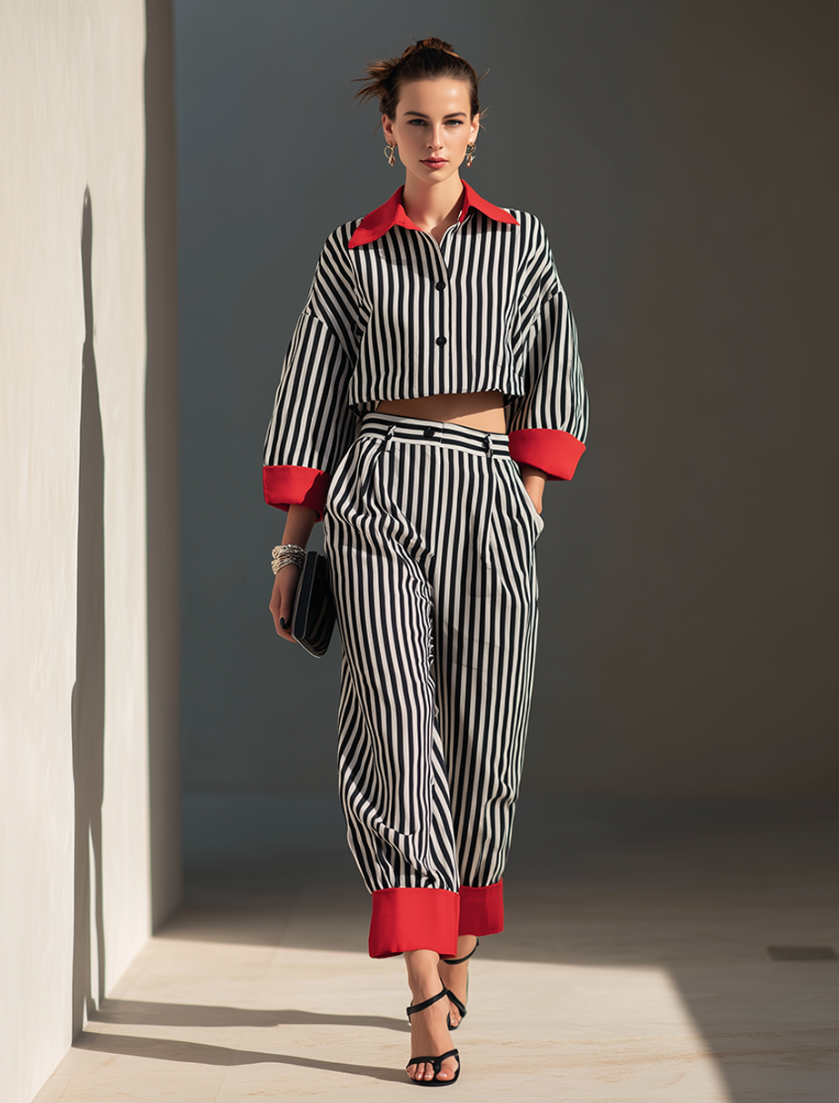 Women's Minimalist Cotton-Linen Blend Color-Block Collar Cropped Shirt & Cuffed Wide-Leg Pants Set
