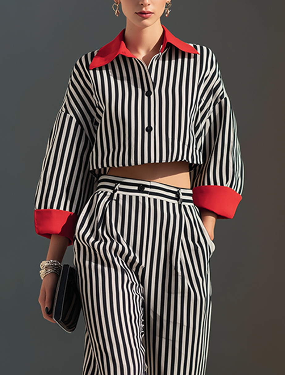 Women's Minimalist Cotton-Linen Blend Color-Block Collar Cropped Shirt & Cuffed Wide-Leg Pants Set