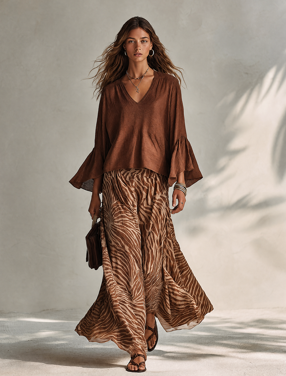 Women's Minimalist Cotton-Linen Blend V-Neck Flared-Sleeve Top &amp; Zebra-Print Skirt Two-Piece Set