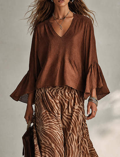 Women's Minimalist Cotton-Linen Blend V-Neck Flared-Sleeve Top &amp; Zebra-Print Skirt Two-Piece Set