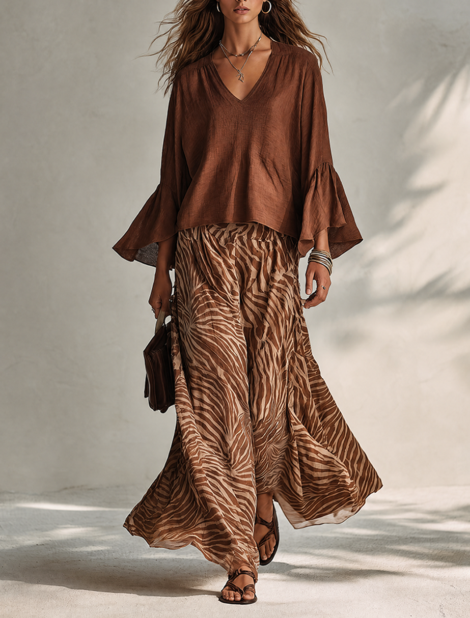 Women's Minimalist Cotton-Linen Blend V-Neck Flared-Sleeve Top &amp; Zebra-Print Skirt Two-Piece Set
